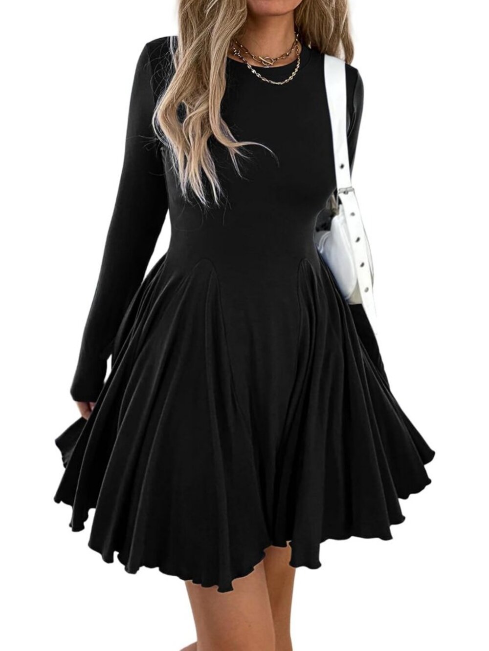 Women's Long Sleeve Casual Swing Dress - A-Line Flare Skater Mini for